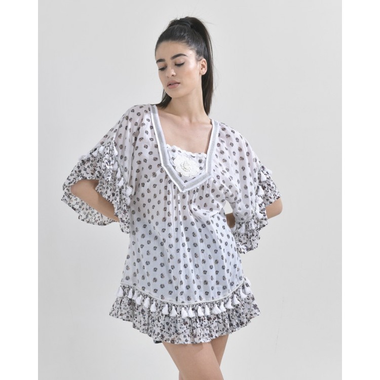 Ble 5-41-218-0158 Καφτάνι Εμπριμέ White-Ivory ONE SIZE