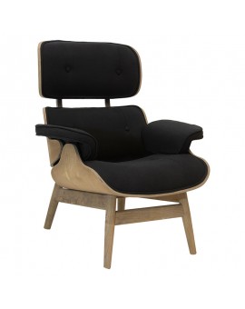 Πολυθρόνα-υποπόδιο relax Mirto pakoworld μασίφ ξύλο καρυδί-ύφασμα μαύρο 80x80x96,5εκ