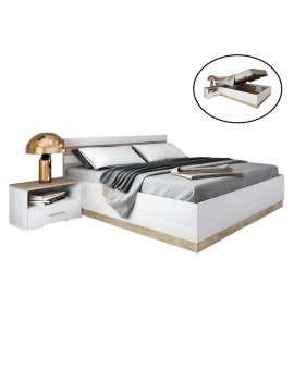 Κρεβάτι με δύο κομοδίνα Patrice pakoworld λευκό-φυσικό αποθηκευτικός χώρος 160x200εκ