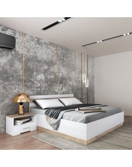 Κρεβάτι με δύο κομοδίνα Patrice pakoworld λευκό-φυσικό αποθηκευτικός χώρος 160x200εκ