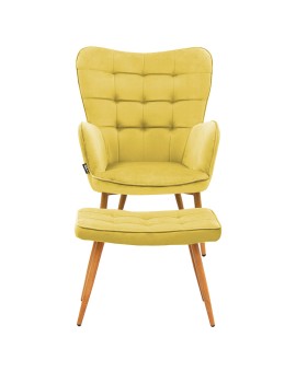 Πολυθρόνα Maddison με υποπόδιο-μαξιλάρι pakoworld βελούδο κίτρινο-φυσικό 68x72x98εκ