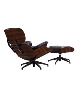 Πολυθρόνα-υποπόδιο relax Rembus pakoworld ξύλο καρυδί-τεχνόδερμα μαύρο 83x93x83εκ